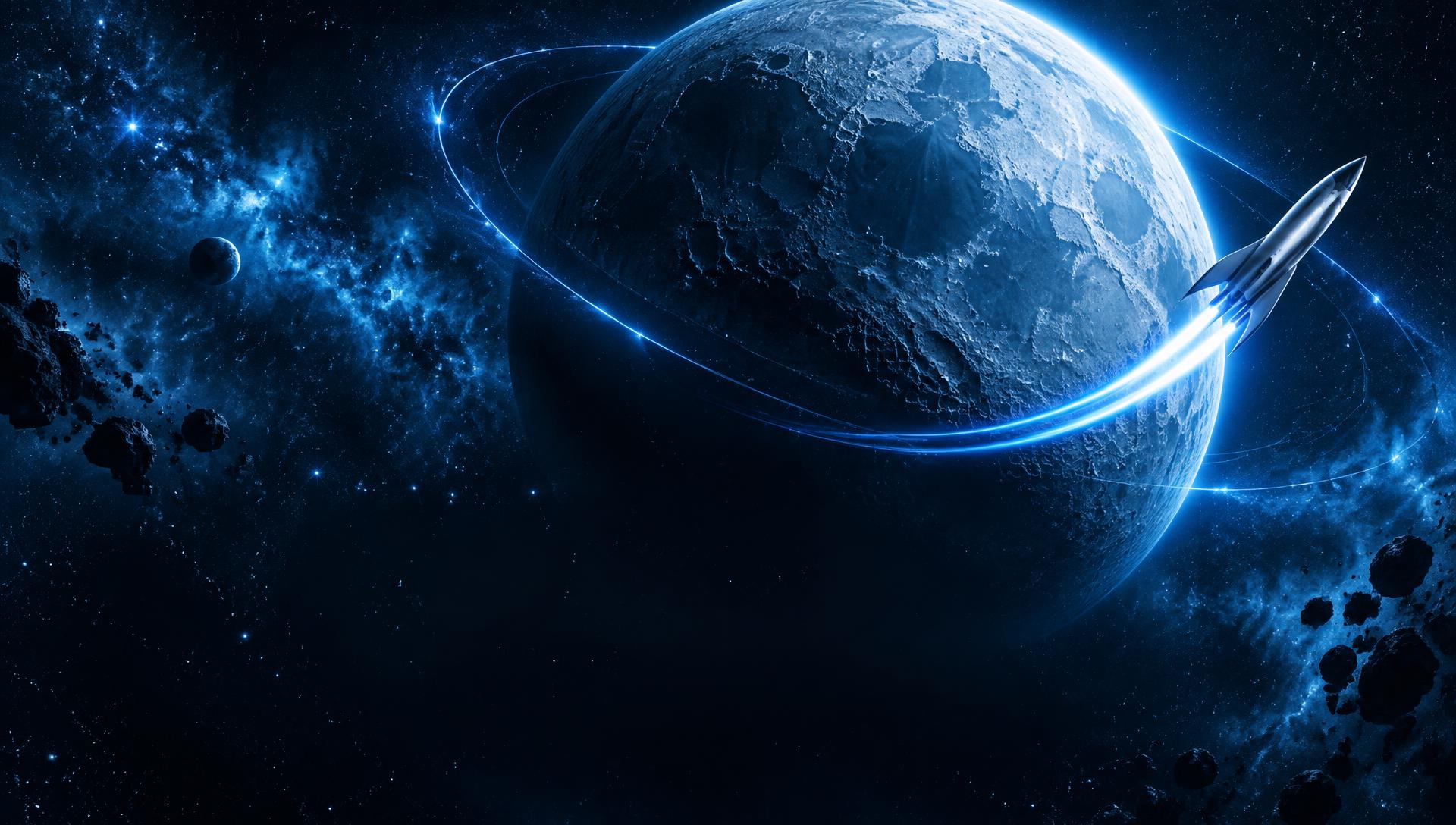 A blue moon and futuristic rocket crossing deep space